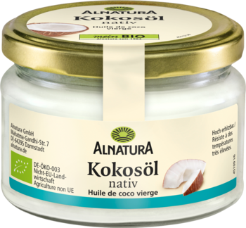 Alnatura bio natywny olej kokosowy tłoczony na zimno w słoiku, biały, ze złotą zakrętką, widok z przodu.