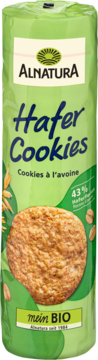 Zielone opakowanie Alnatura Hafer Cookies, z ciastkiem owsianym, napisem BIO i informacją 43% płatków.