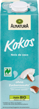 Alnatura Kokos napój roślinny BIO bez cukru, turkusowy karton z białym napisem i kokosami, widok z przodu.