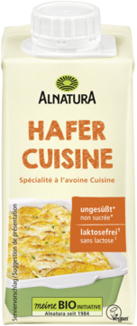 Alnatura Hafer Cuisine, unsweetened, lactose-free oat cooking cream in white carton, green label, front view.