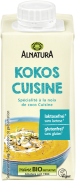 Alnatura Kokos Cuisine, wegańska śmietanka kokosowa do gotowania, bez laktozy i glutenu, w kartonie.
