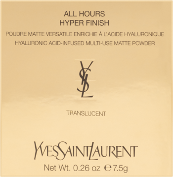 Złote opakowanie YSL All Hours Hyper Finish Translucent Powder z kwasem hialuronowym, widok z przodu.