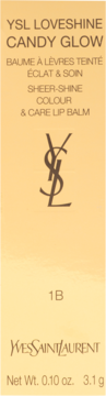 Beżowe opakowanie balsamu koloryzującego YSL Loveshine Candy Glow 1B, z logo i tekstem, widok z przodu.