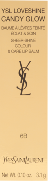 YSL Loveshine Candy Glow balsam do ust, odcień 6B Brown Nude, przód złotego opakowania z logo.