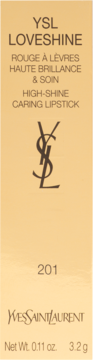 YSL Loveshine High-Shine Caring Lipstick 201, light gold box with text, front view. Net Wt. 0.11 oz.