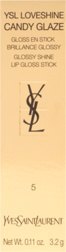 Beżowa etykieta YSL Loveshine Candy Glaze #5, błyszczyk w sztyfcie, z logo i wagą 3.2g.
