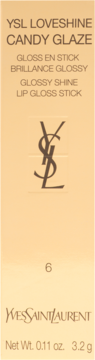YSL Loveshine Candy Glaze Lip Gloss Stick opakowanie, beżowo-złote z brązowym tekstem i logo YSL, widok z przodu.