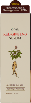 Esfolio Red Ginseng Serum w kremowym pudełku z żeń-szeniem. Z Hyaluronic Acid & PDRN, nawilża i odżywia.