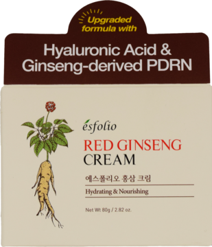 Krem Esfolio Red Ginseng Cream w beżowo-brązowym opakowaniu z żeń-szeniem, widok z przodu. Z ulepszoną formułą PDRN.