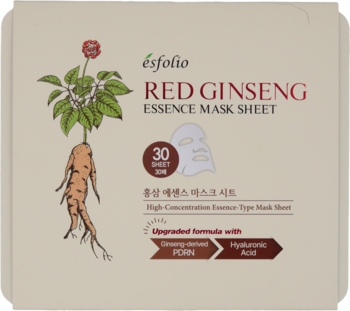 Esfolio Red Ginseng Essence Mask Sheet, 30 sztuk masek w płachcie, beżowe pudełko z ilustracją żeń-szenia.