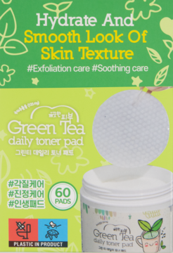 Esfolio Green Tea Daily Toner Pad, 60 sztuk. Zielono-białe opakowanie, otwarty słoik z płatkiem tonizującym, nawilża i wygładza skórę.
