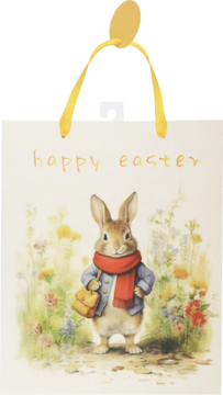Torba prezentowa Wielkanocna z Królikiem Piotrusiem w szalu, napisem "happy easter", żółtymi uchwytami.