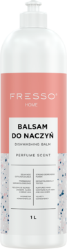Biała butelka FRESSO HOME Balsam do naczyń, perfumowany, 1L, z łososiową etykietą i pompką, widok z przodu.