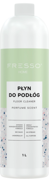 Biała butelka Fresso Home Płyn do podłóg, perfumeryjny, z zielonym paskiem i wzorem terrazzo, widok z przodu. 1L.