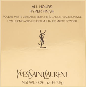Złote opakowanie pudru YSL All Hours Hyper Finish Powder, matującego, z kwasem hialuronowym. Widok z przodu.