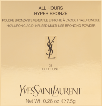 Złote opakowanie Yves Saint Laurent All Hours Hyper Bronze 02 Buff Dune, bronzer z kwasem hialuronowym, widok z przodu.