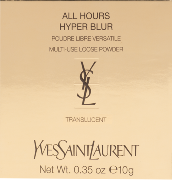 Złote pudełko transparentnego pudru sypkiego YSL All Hours Hyper Blur, czarny napis i logo, z przodu.