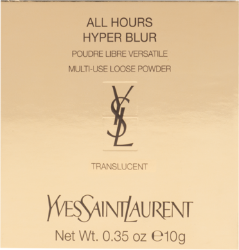 Złote pudełko transparentnego pudru sypkiego YSL All Hours Hyper Blur, czarny napis i logo, z przodu.