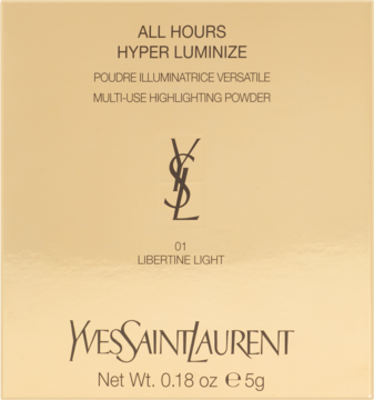 Złote pudełko rozświetlacza YSL All Hours Hyper Luminize w pudrze, odcień Libertine Light, widok z przodu.