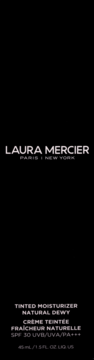 Laura Mercier Tinted Moisturizer Natural Dewy SPF 30, czarne opakowanie z białym tekstem, widok z przodu.