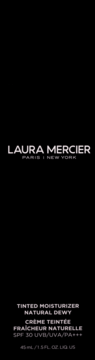 Laura Mercier Tinted Moisturizer Natural Dewy SPF 30, czarne, smukłe opakowanie z białym tekstem, widok z przodu.