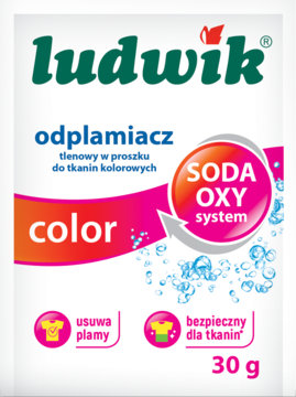 Ludwik odplamiacz tlenowy do tkanin kolorowych 30g, biała saszetka, front. SODA OXY system, usuwa plamy, bezpieczny.