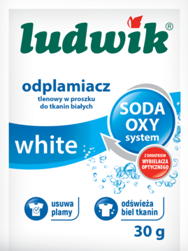 Biała saszetka odplamiacza Ludwik tlenowego do tkanin białych 30g z niebieskimi akcentami i napisem SODA OXY system.