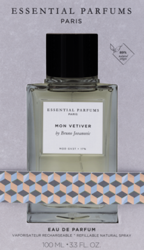 Perfumy Mon Vetiver 100ml, Essential Parfums, w prostokątnej butelce z czarnym korkiem, w szarym pudełku z wzorem.