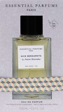 Essential Parfums Nice Bergamote 100ml natural spray w prostokątnej butelce, w szarym opakowaniu, widok z przodu.
