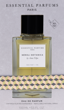 Essential Parfums Neroli Botanica EDP 100ml, butelka w szarym opakowaniu z wzorem, 90% naturalnego pochodzenia.