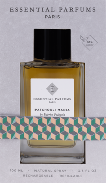 Flakon Essential Parfums Patchouli Mania 100ml w kartonowym opakowaniu z geometrycznym wzorem, widok frontalny.