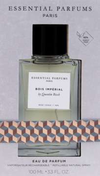 Widok z przodu flakonu Essential Parfums Bois Imperial 100ml w opakowaniu z geometrycznym wzorem.