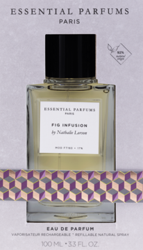 Essential Parfums Fig Infusion unisex Eau de Parfum w butelce wewnątrz geometrycznego opakowania. Widok z przodu.
