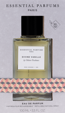 Essential Parfums Divine Vanille, 100ml EDP, butelka w opakowaniu z różowo-szarym wzorem, 88% naturalnego pochodzenia.