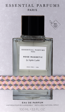 Flakon Essential Parfums Rose Magnetic Eau De Parfum 100ml w białym pudełku z geometrycznym wzorem, widok z przodu.