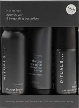 Rituals Homme Trial Set, 3 czarne kosmetyki męskie: pianka, peeling, antyperspirant w szarym pudełku. Z przodu.