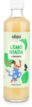 Szklana butelka abjo Lemoniada Limonka, przód etykiety z zielonymi limonkami i kolorową grafiką postaci.