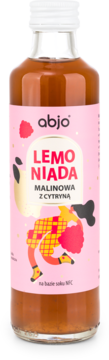 Abjo Malinowa Lemoniada z Cytryną, sok NFC, w szklanej butelce z różową etykietą, widok przód.