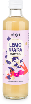 abjo Lemoniada Kwiat Bzu w szklanej butelce, jasny płyn, jasnofioletowa etykieta z ilustracją kobiety i kwiatów.