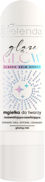 Bielenda Glaze Glow mgiełka do twarzy rozświetlająco-nawilżająca w białej butelce z opalizującym napisem, widok z przodu.