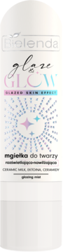 Bielenda Glaze Glow mgiełka do twarzy rozświetlająco-nawilżająca w białej butelce z opalizującym napisem, widok z przodu.