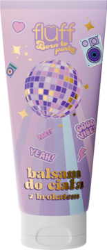 Liliowy balsam do ciała Fluff z brokatem w tubce, z motywem disco party, napisem 'Born to party'.