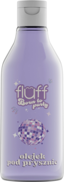 Liliowy olejek pod prysznic Fluff Born to party w butelce z białą zakrętką, widok z przodu, z grafiką disco kuli.