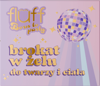 Fluff Born to party brokat w żelu do twarzy i ciała, na fioletowym tle z disco kulą i złotymi gwiazdkami.