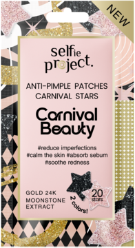 Selfie Project Anti-Pimple Patches Carnival Stars w różowo-złotym opakowaniu z 20 gwiazdkami w 2 kolorach.