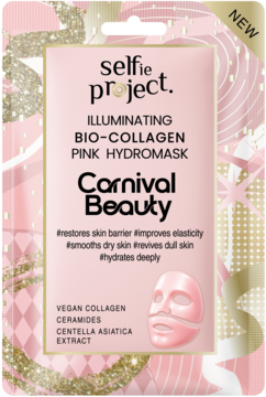 Selfie Project Illuminating Bio-Collagen Pink Hydromask. Różowo-złoty, brokatowy sachet z grafiką maski, widok z przodu.