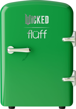 Intensywnie zielona mini-lodówka retro WICKED fluff ze srebrnym uchwytem i ogonkiem diabła, widok z przodu.