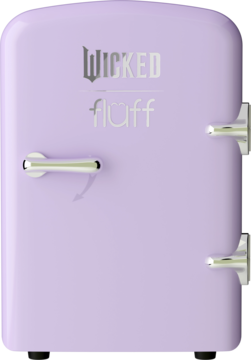 Kompaktowa liliowa mini lodówka Wicked Fluff z błyszczącym wykończeniem i srebrnym uchwytem, widok z przodu.