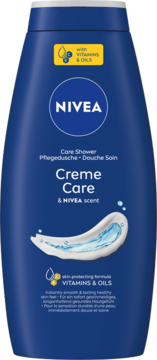 Granatowy żel NIVEA Creme Care z witaminami, olejkami i zapachem kremu NIVEA, widok z przodu.