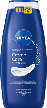 NIVEA Creme Care żel pod prysznic, niebieska butelka 750 ml, XXL, z białym logo i kremową falą. Widok z przodu.
